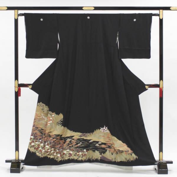 中古】正絹 黒留袖 単品販売 貸衣装をリサイクル 遠山に楼閣山水文様 