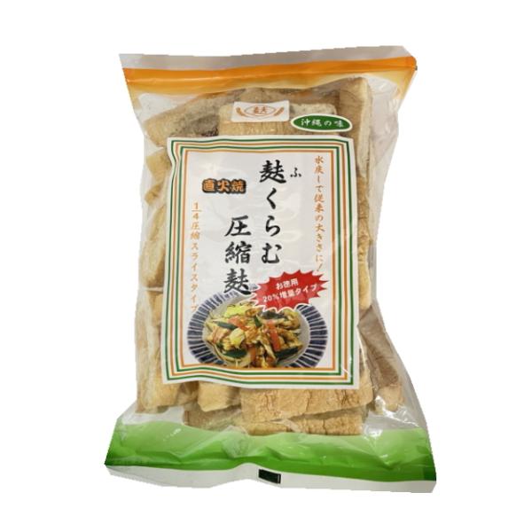 麩くらむ圧縮麩 スライス。沖縄の家庭の味の炒め物には欠かせません。 水戻しで従来の大きさに戻る圧縮タイプです。名称：やきふ原材料名：小麦タンパク（グルテン）、小麦粉内容量：72g賞味期限：365日保存方法：直射日光を避け、湿度の低い所で、保...