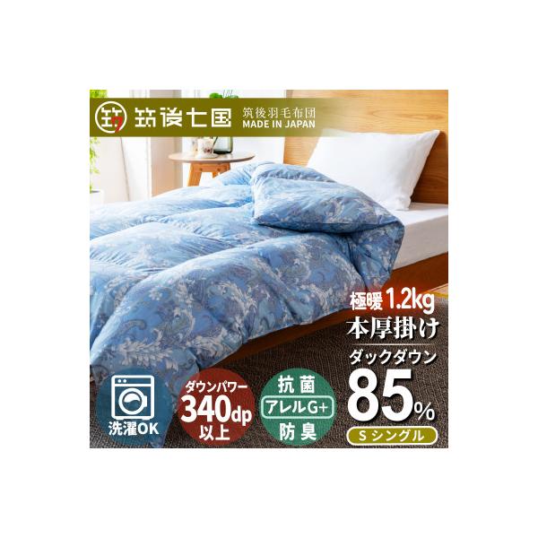 抗菌ダウン85%極暖1.2kg本厚掛け羽毛布団シングル(ブルー系柄お任せ)【筑後七国羽毛ふとん】