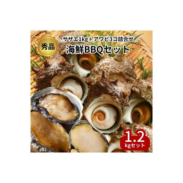 秀品サザエ1kg+蝦夷アワビ3コの贅沢海鮮バーベキューセット詰め合わせ(活きたままCAS冷凍)
