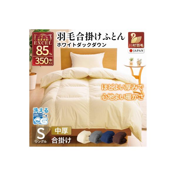 洗える 羽毛布団 合掛け シングル 春秋用 中厚 ホワイトダックダウン85% アイボリー 無地