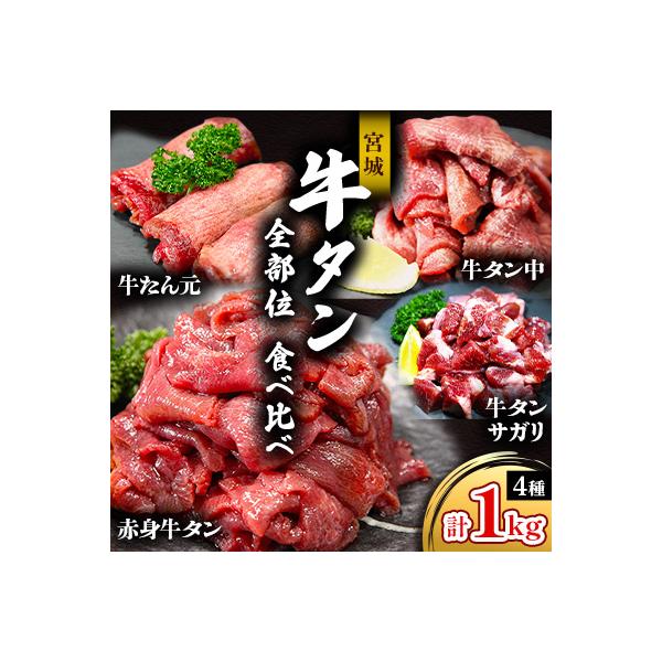 宮城 牛タン 全部位 食べ比べ(4種類)計1kgセット 特製 二日熟成 塩味