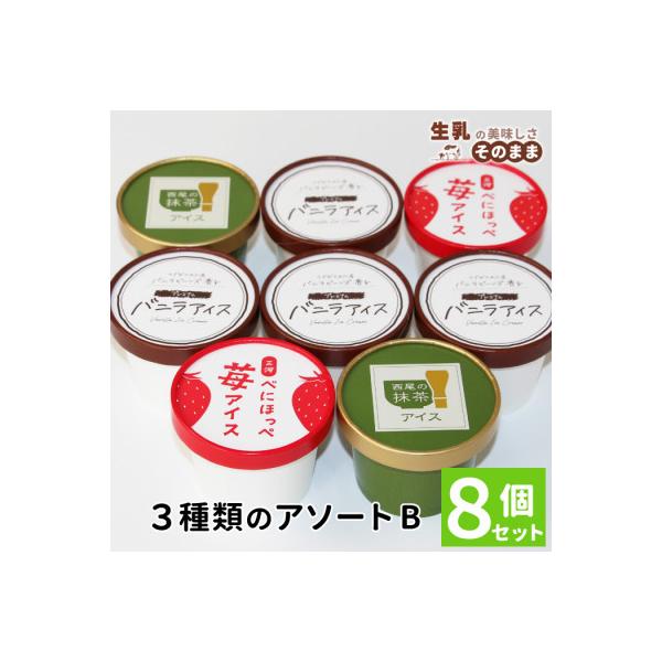 3種類のアソートB　8個セット バニラアイスクリーム　紅ほっぺいちごアイス　西尾の抹茶アイス