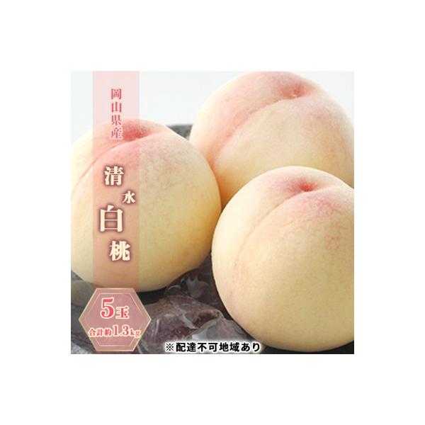 ■お礼品詳細　・内容量：清水白桃 5玉 合計約1.3kg 岡山県内産（5条8号ハ）　・賞味期限：出荷日より冷蔵5日　・配送方法：冷蔵配送　・事業者：晴れの国おかやま館(フルーツランド岡山)　・備考：お届け日、時間の指定は申し訳ないですが、お...