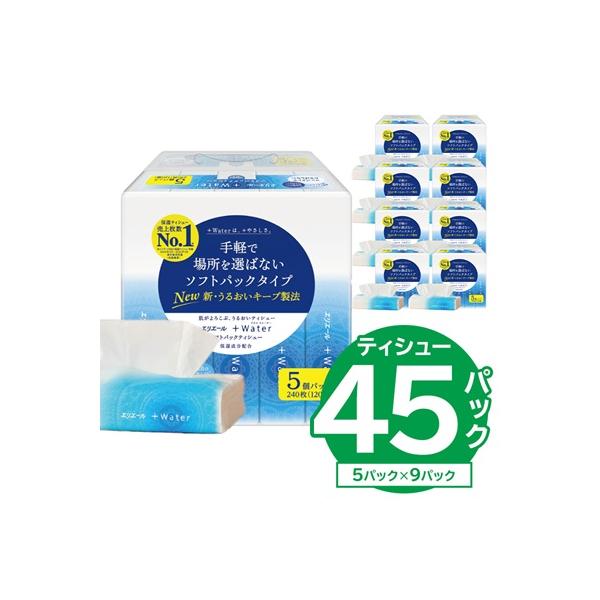 【ハーフサイズ】エリエール プラスウォーター ソフトパックティシュー120W5P×9P 防災 備蓄