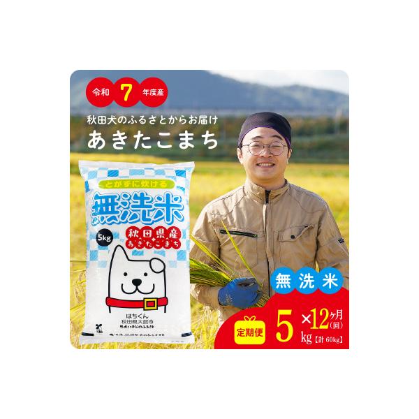 【定期便12ヶ月】令和7年産秋田県産あきたこまち(無洗米)5kg