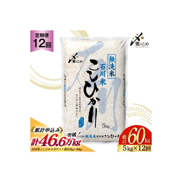定期便 無洗米 石川米 こしひかり 5kg×12回 総計60kg [38601338-s]