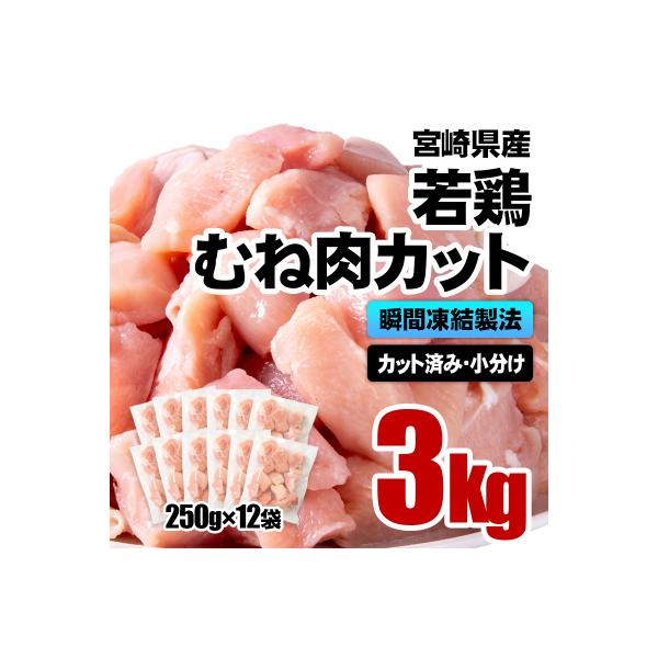 バラ凍結 宮崎県産若鶏むね肉　合計3kg(250g×12袋)鶏肉切身小分け[3058]