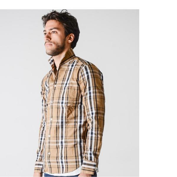 シャツ メンズ 春 春服 長袖 L ベージュ M イタリアンカラー チェック 春夏新作