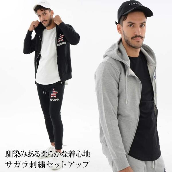 パーカー セットアップ メンズ スウエット 秋冬 ジップアップ ワッペン ジョガーパンツ ジャージ 上下 ストレッチ 杢グレー ブラック M L