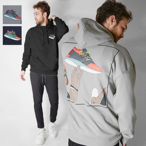 パーカー メンズ 春 春服 スポーティー コミックプリント トレーナー プルオーバー オーバーサイズ ビッグシルエット 大きいサイズ 大きめ 韓国 グレー ブラック