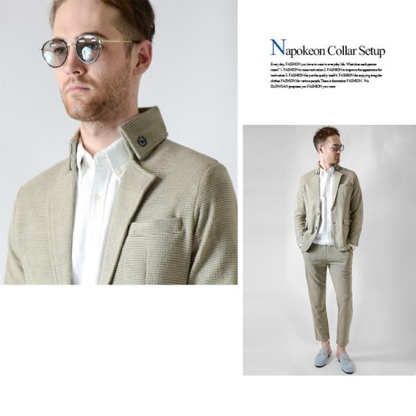 セットアップ メンズ ワッフル ナポレオンカラー Slowgan スローガン カジュアル 秋色 テーラードジャケット おしゃれスーツ 割り引き ベージュ スーツ 上下セット