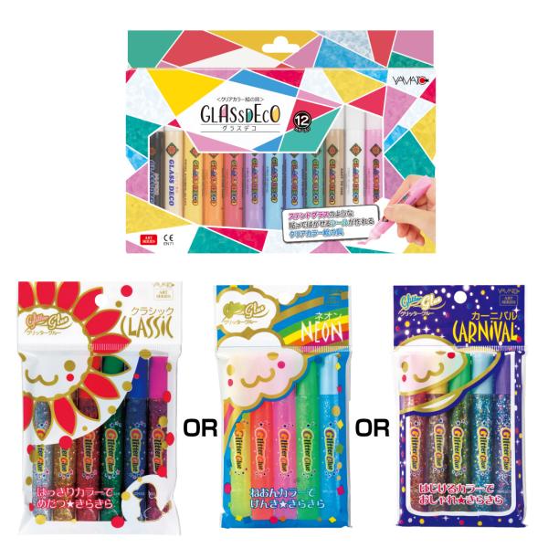 メーカー名/ヤマト株式会社 グラスデコ12色セット 主成分/・グラスデコ：ポリアクリルエマルジョン 材質/・フィルムシート：PP　下絵集：紙 セット内容：グラスデコ　10.5ml×12本、PPフィルムシート　５枚、下絵イラスト集 グリッター...