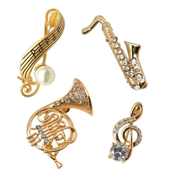 サックス&ト音記号♬ シンプルブローチ 音楽ブローチ（ト音記号、サックス、ホルン） 楽器ブローチ 音符