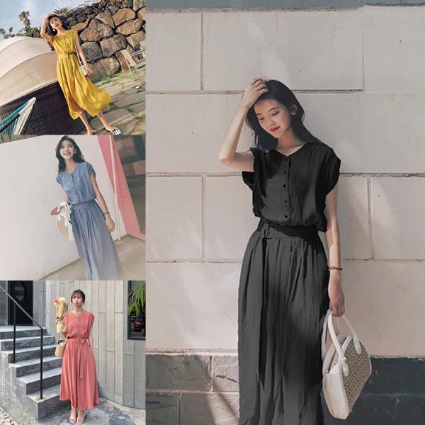 シフォンワンピース ロング丈 ワンピース 半袖 ベルト付き ワンピ 夏