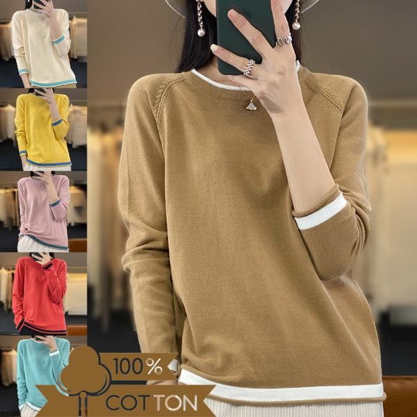 トップス ニット 100%綿 ニットソー カットソー クルーネック コットン