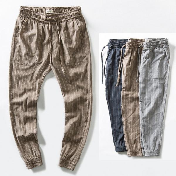 リネンパンツ メンズ テーパードパンツ 綿麻 サルエルパンツ ストライプパンツ リブパン イージーパンツ Yaa Winestyles Jp