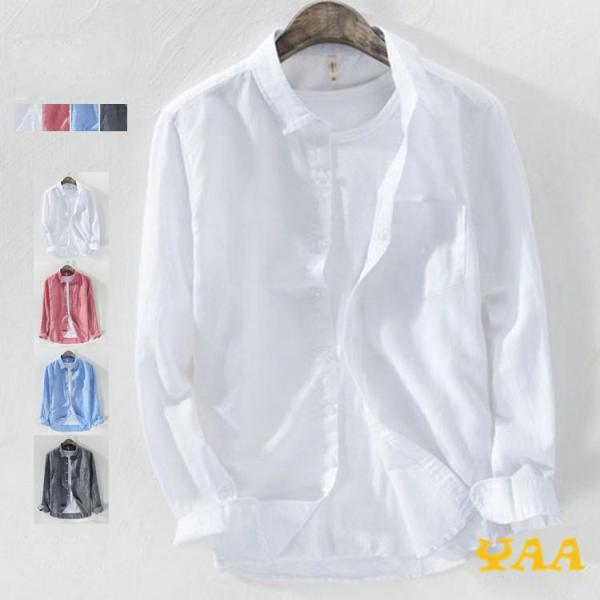 シャツ メンズ 長袖 開襟 カジュアルシャツ ワイシャツ 白 黒 トップス リネンシャツ 新発売