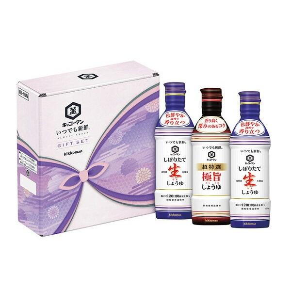 キッコーマン いつでも新鮮ギフトいつでも新鮮ボトルに入っているので味わいを長く維持でき少量ずつしか使用されない方にもおすすめです。■商品詳細●メーカー品番：KI-10N●しぼりたて生しょうゆ450ml×2、極旨しょうゆ450ml×1●原産国...