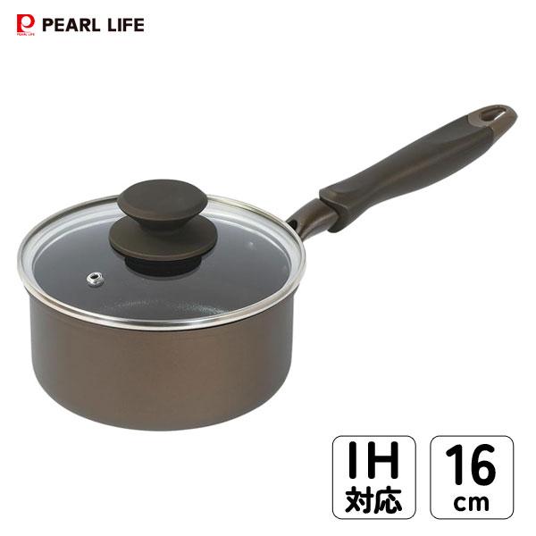 片手鍋 16cm IH対応 ガラス蓋付ロングライフメガストーンII パール金属 HC-191 / ふた付き お鍋 ガス火 直火 ふっ素加工 耐久 丈夫 頑丈 カーキ 金属ヘラ対応