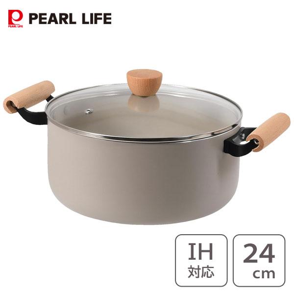 パール金属 深型両手鍋 24cm ふっ素加工 ガラス蓋付 IH対応 木柄