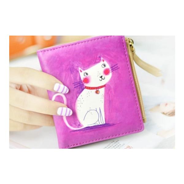 二つ折り財布 レディース コンパクト 猫 ネコ プリント PU プレゼント クリスマス 送料無料