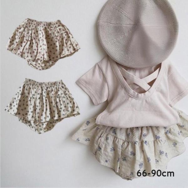 スカート一体型のパンツだからお洒落にオムツ見え対策ができちゃいます♪ガーゼの様な柔らかい素材で涼しく着て頂けます☆花柄フリルベビーパンツ / 306【カラー】ピンク・ブルー【サイズ】66・73・80・90【素材】綿　　　　50％レーヨン　5...