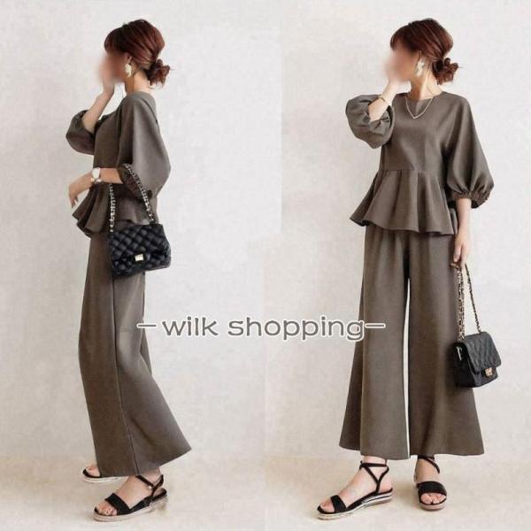 セットアップ レディース 夏 秋服 トップス ブラウス 丸首 七分袖 パフスリーブ フレア ボトムズ ワイドパンツ ウエストゴム 大人 40代50代 上下セット 無地
