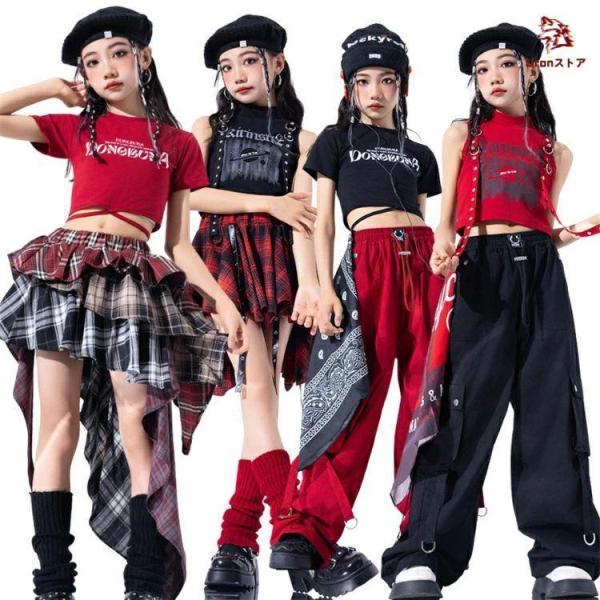 キッズダンス衣装 チア ヘソ出し 女の子 黒 赤 ジャズ トップス スカート カーゴパンツ 子供服 ヒップホップ セットアップ ステージ衣装 チェック おしゃれ  jaz