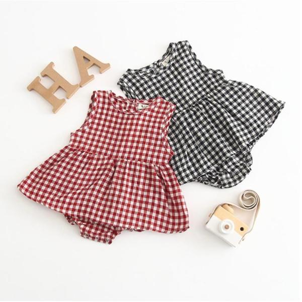 ロンパース 女の子 半袖 チェック ベビー服 ワンピース 夏 ブラック