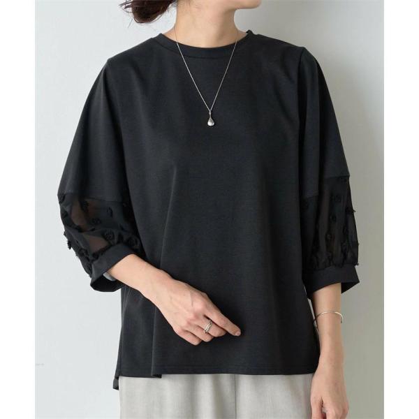 ブラウス レディース 春服 春夏 プルオーバー トップス シャツ レース切替 丸首 大人きれいめ 七分袖 ゆるブラウス 40代50代 白 黒 ホワイト ブラック オフィス