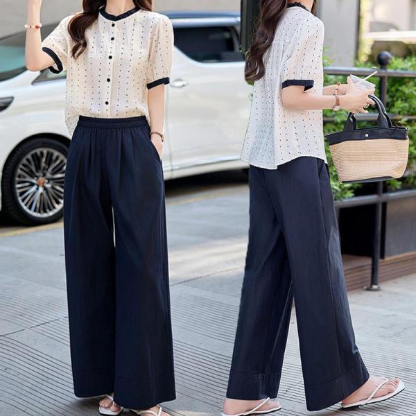 セットアップ レディース 夏服 ブラウス 前開きボタン 丸首 半袖 バイカラー ボトムズ ワイドパンツ タックパンツ ウエストゴム ポケット 大人きれいめ 40代50代