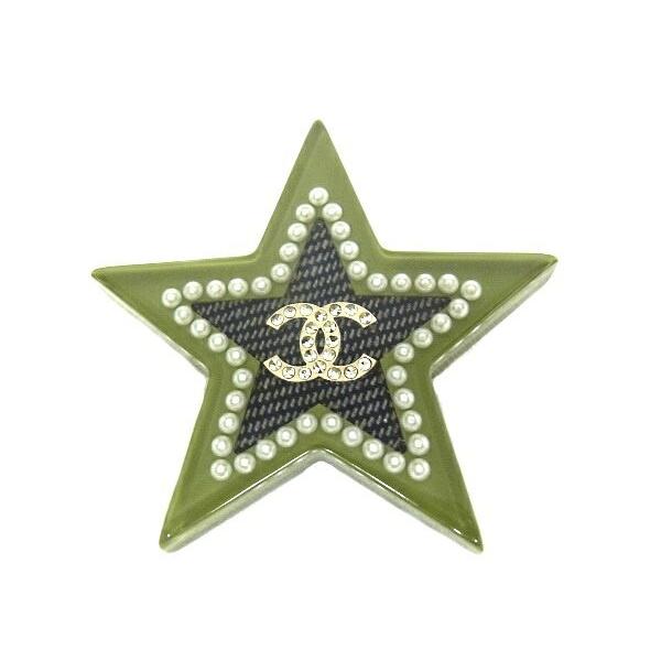 シャネル CHANEL ブローチ スター 星型 グリーン ココマーク COCO 17C ラインストーン フェイクパール 【中古】【程度A+】【美品】