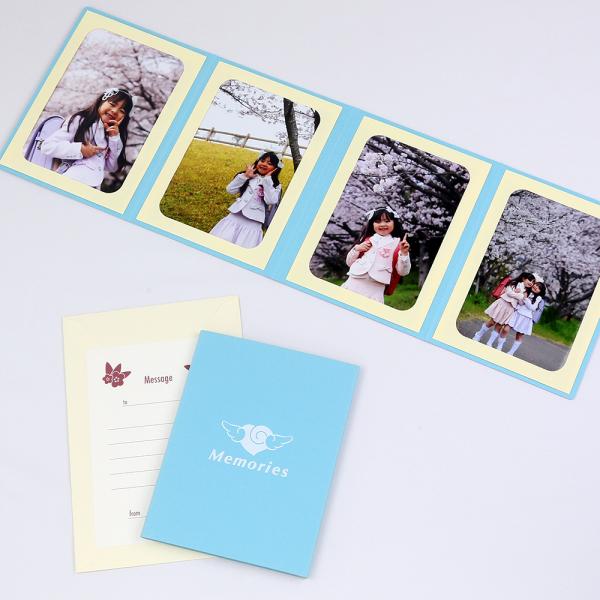 写真台紙 Lサイズ （89×127mm） 4面タテ Memories/エンゼルハート ブルー（封筒 メッセージカード付き）　紙製 ペーパー フォトフレーム