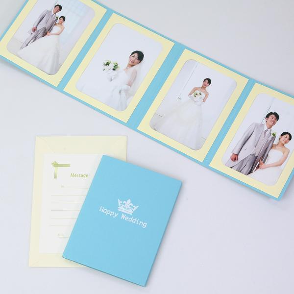ペーパー フォトフレーム 写真台紙 ウエディング 結婚式  Happy Wedding/クラウン Lサイズ （89×127mm） 4面タテ ブルー