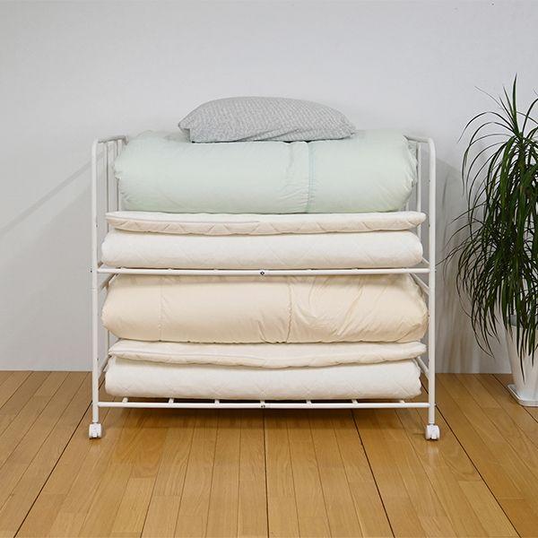 布団収納 収納ラック 2段 奥行69cm 2段 キャスター付き 収納家具 収納用品 収納ワゴン 寝室収納