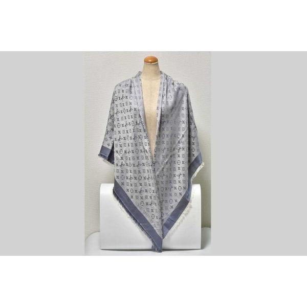 美品　ルイヴィトン　モノグラム ショール リネンシルク　ブルー　66✖️168 美品 ルイヴィトン モノグラム ショール リネンシルク ブルー 66