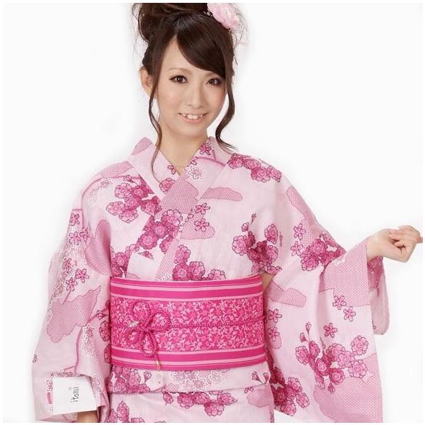 浴衣 レディース 3点セット itomi 大人ゆかた 綿 麻 ピンク 桜 : 着物