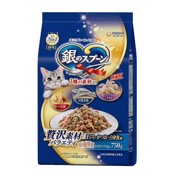 他サイト： ユニ・チャームペット 銀のスプーン 贅沢素材バラエティ まぐろ・かつお・白身魚味 [キャットフード ドライフード 猫 ねこ エサ 餌] 750g(小分けパック4袋) 爆買の商品画像