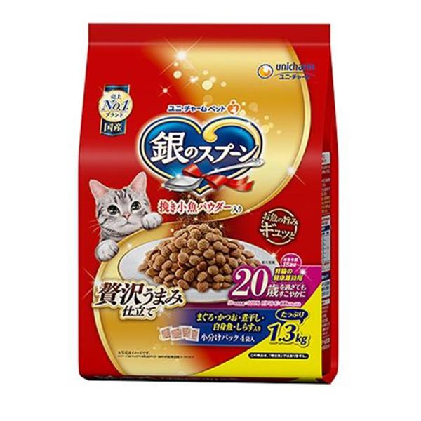 他サイト： ユニ・チャームペット 銀のスプーン 贅沢うまみ仕立て 20歳を過ぎてもすこやかに まぐろ・かつお・煮干し・白身魚・しらす入り [高齢猫] 1.3kg(小分けパック4袋)の商品画像