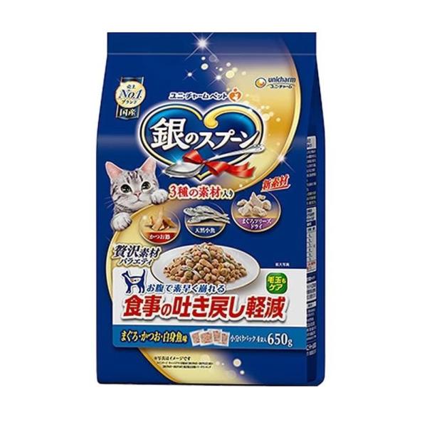 他サイト： ユニ・チャームペット 銀のスプーン 贅沢素材バラエティ 食事の吐き戻し軽減フード まぐろ・かつお・白身魚味 [キャットフード 猫] 650g(小分けパック4袋) 爆買の商品画像