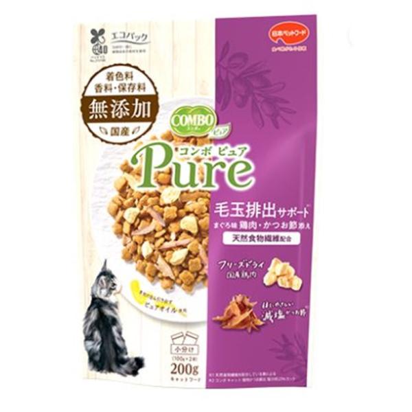 他サイト： 日本ペット COMBO(コンボ) ピュア キャット 毛玉排出サポート まぐろ味・鶏肉・かつお節添え [キャットフード ドライタイプ エサ] 200g(100g×2袋入) 爆買の商品画像