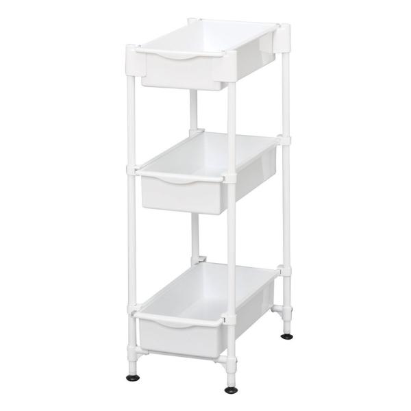 ●洗濯機やキッチンまわりの用品をスリムにスッキリ収納できるサイドラックです。●アジャスター付なので洗濯機の防水パンもまたいで設置することができます。●プラスチック製の引き出しなので洗剤などが下に落ちる心配もありません。