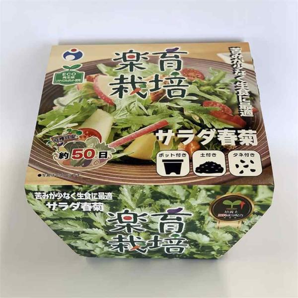 ●楽育栽培キットで、手軽に家庭菜園を始めませんか？●リサイクルポットを使用した環境にも優しい栽培キット●生でおいしいサラダ用春菊●苦みが少なく生食に最適●葉がやわらかくサラダでおいしい春菊です