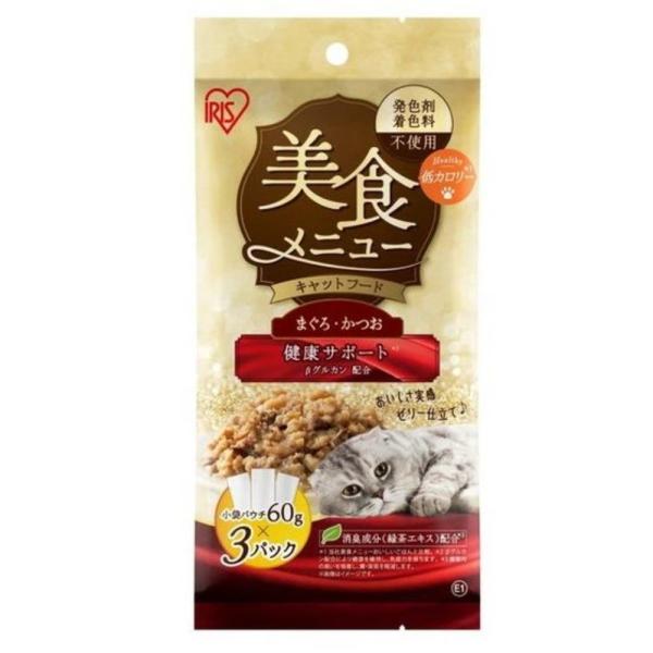 他サイト： アイリスオーヤマ 美食メニュー まぐろ・かつお［キャットフード 猫用 パウチ ウェット ゼリー仕立て 水分補給］ 60g×3袋 爆買の商品画像