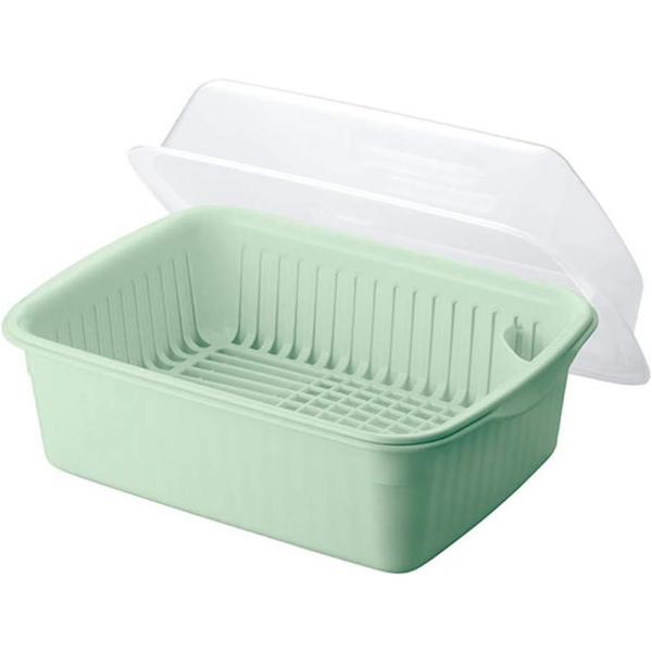 ●シンプルな水切りバスケット●バスケット・本体(水受け)・フード(フタ)のセット●水切れがよく、洗いやすい底面メッシュデザイン●プラスチック製なので食器あたりが優しく、軽くて扱いやすい●フタ付き