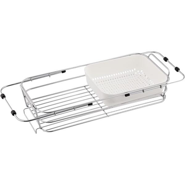 ●シンク上に渡して使用する、水切りカゴです●伸縮するのでシンクを選びません●調理台側を広く使えるスリムタイプ●様々なシンクに対応できるスライドアーム付き●サビにくいクロームメッキ+クリア樹脂コーティング仕上げ