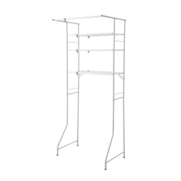 ●3段棚でたっぷりと収納できます。●幅は伸縮式なのでいろんなサイズの洗濯機に対応できます。●耐荷重:20kg(棚1段当り5kg / ハンガー部5kg)取付幅:60〜93cm(有効内寸 54〜87cm)