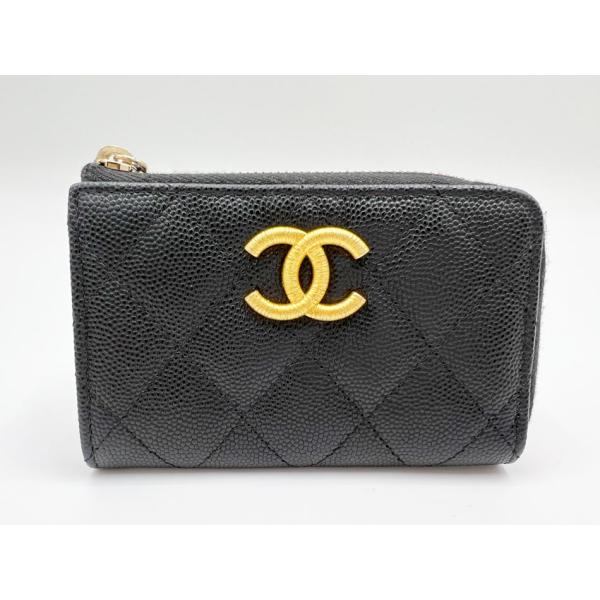CHANEL シャネル グレインドカーフスキン L字ジップ パース ファスナー小銭入れ 財布 キーリング ブラック キャビアスキン ランダム AP3522 超美品 CHANEL（シャネル） グレインドカーフスキン L字ジップ コインパース