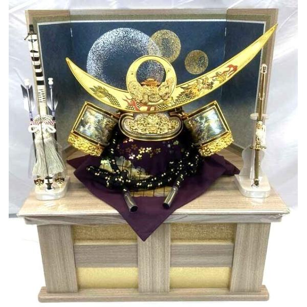 30号 着用上杉謙信公　収納台 R-3用 着用兜　 屏風・台・弓太刀付き　五月人形 かぶと 着用兜 兜飾り コンパクト 端午の節句 初節句 お祝い 誕生祝い プレゼント